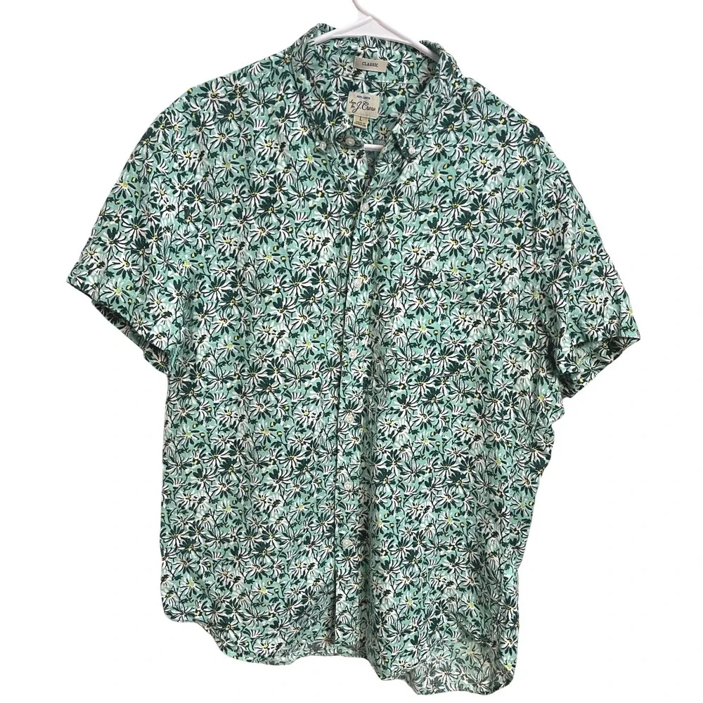 J.Crew Mens 100% Linen Daisy Floral Shirt Short Sleeve Green Button Down Size L